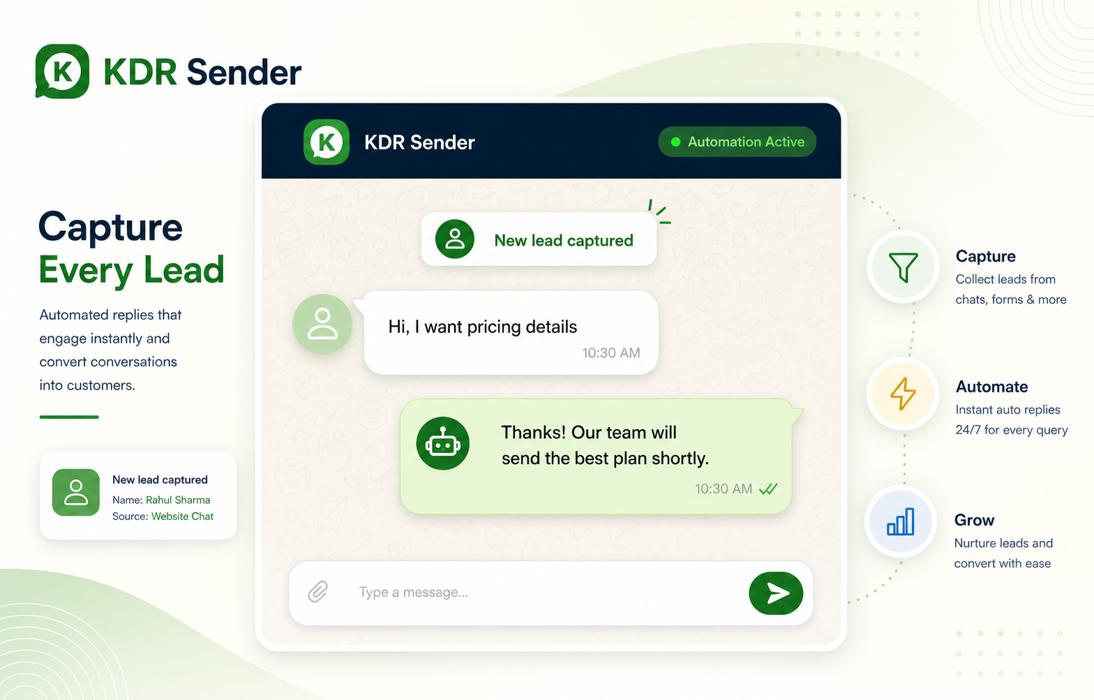 KDR Sender lead capture automation message example